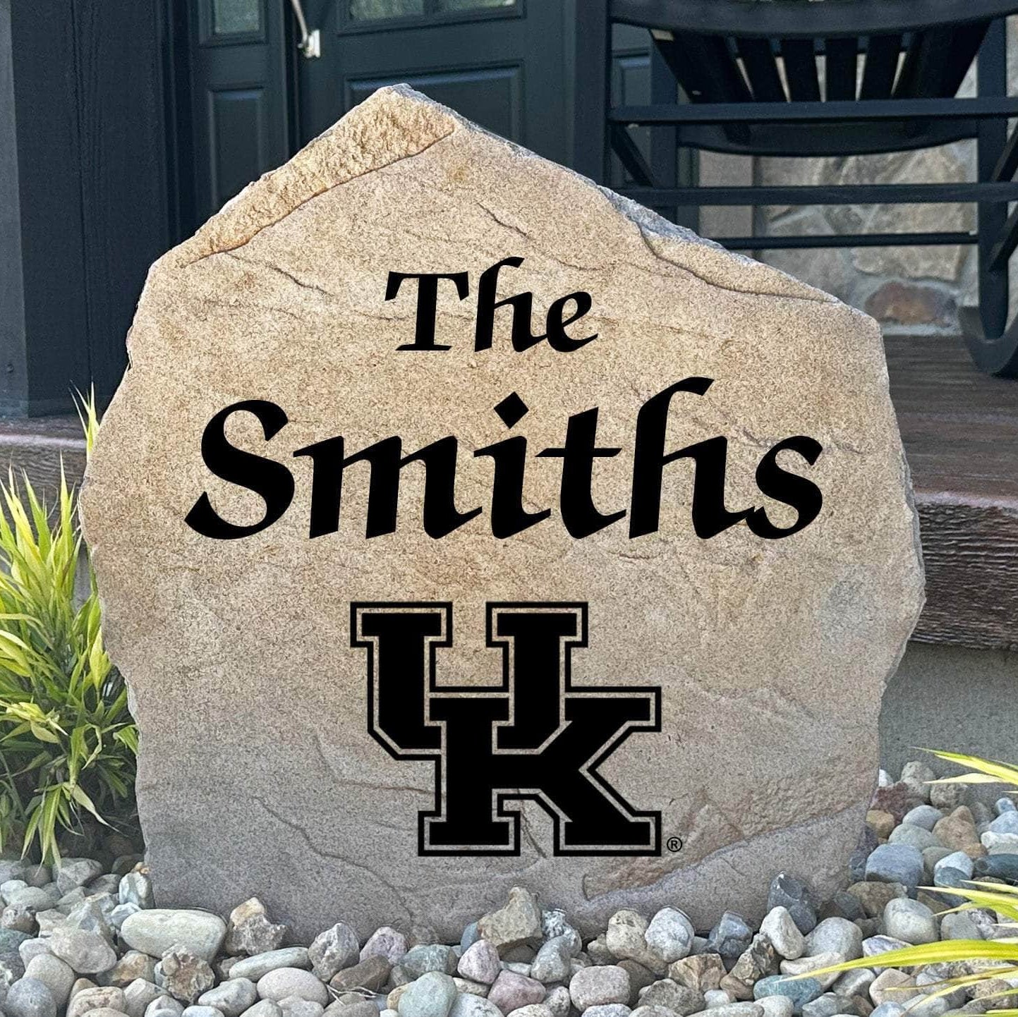 Officially licensed University of Kentucky Name Stone featuring a personalized family name and the iconic Kentucky Wildcats logo engraved directly into the stone surface. This custom garden stone adds school pride and curb appeal to front yards, patios, gardens, and entryways.