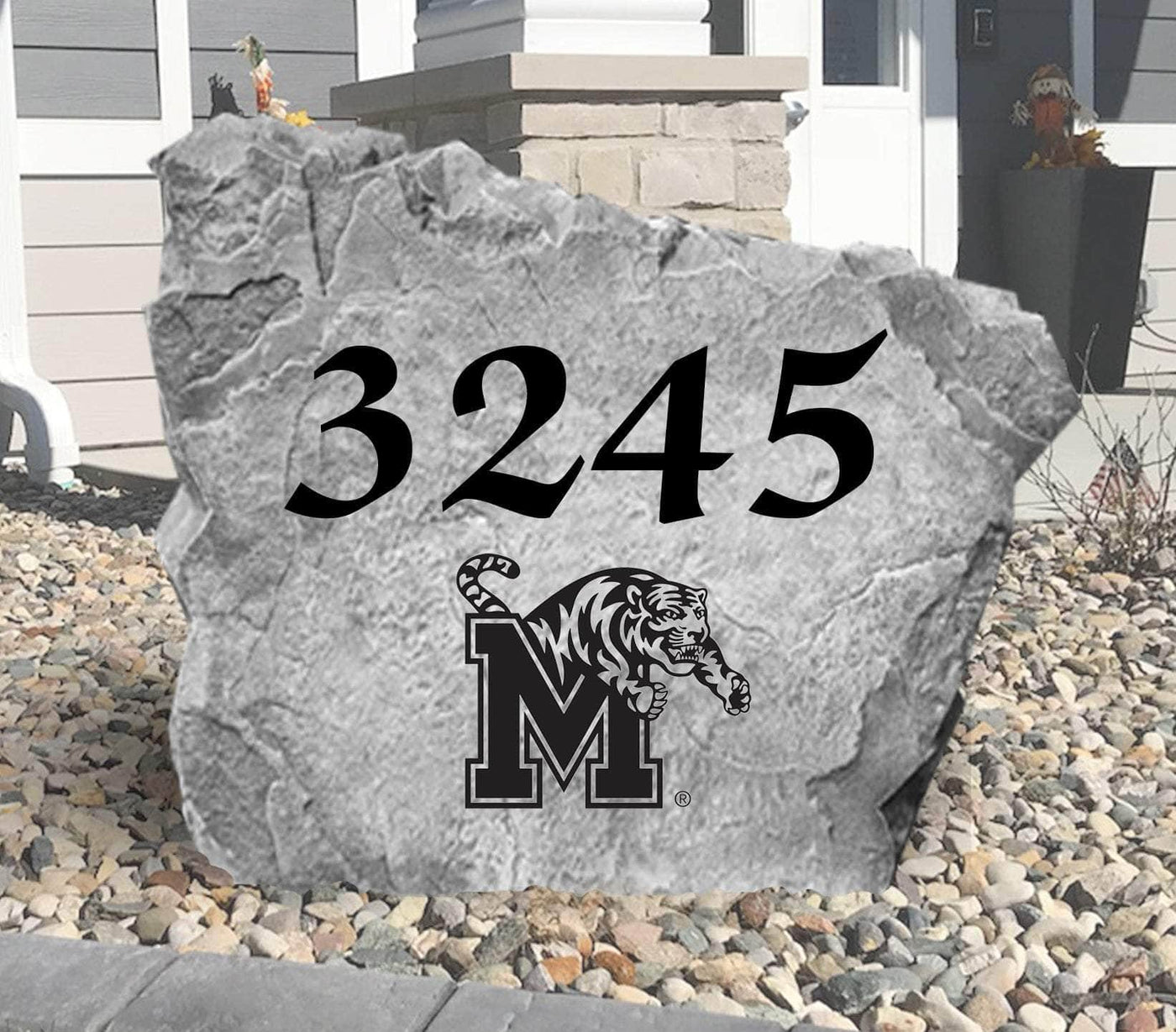 Custom Memphis Tigers address rock for outdoor landscaping décor.