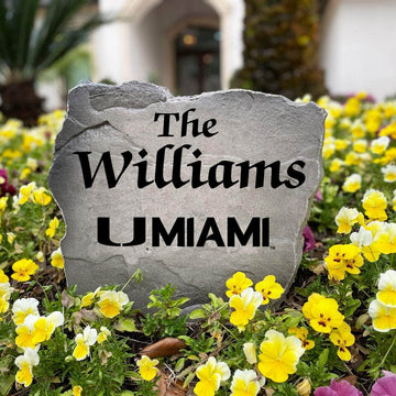 Officially licensed Miami Hurricanes Name Stone handcrafted in the USA with custom family engraving and detailed team artwork. This decorative garden stone enhances landscape beds, patios, and outdoor living spaces with lasting beauty and school spirit.