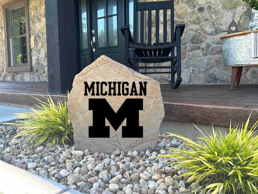 Bold engraved Michigan logo stone, a top gift for students, grads, and supporters