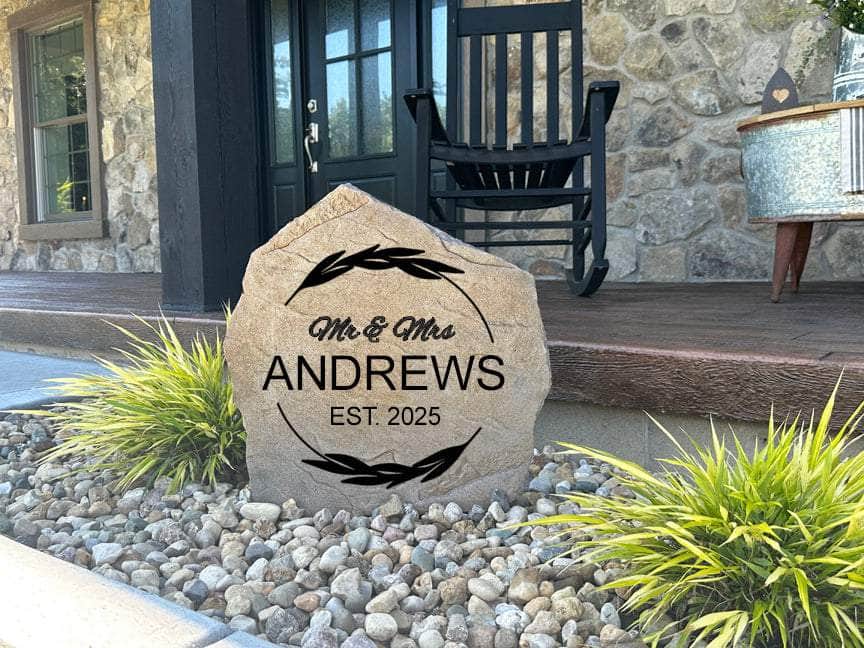Unique Mr & Mrs garden decor stone with custom name and anniversary details.