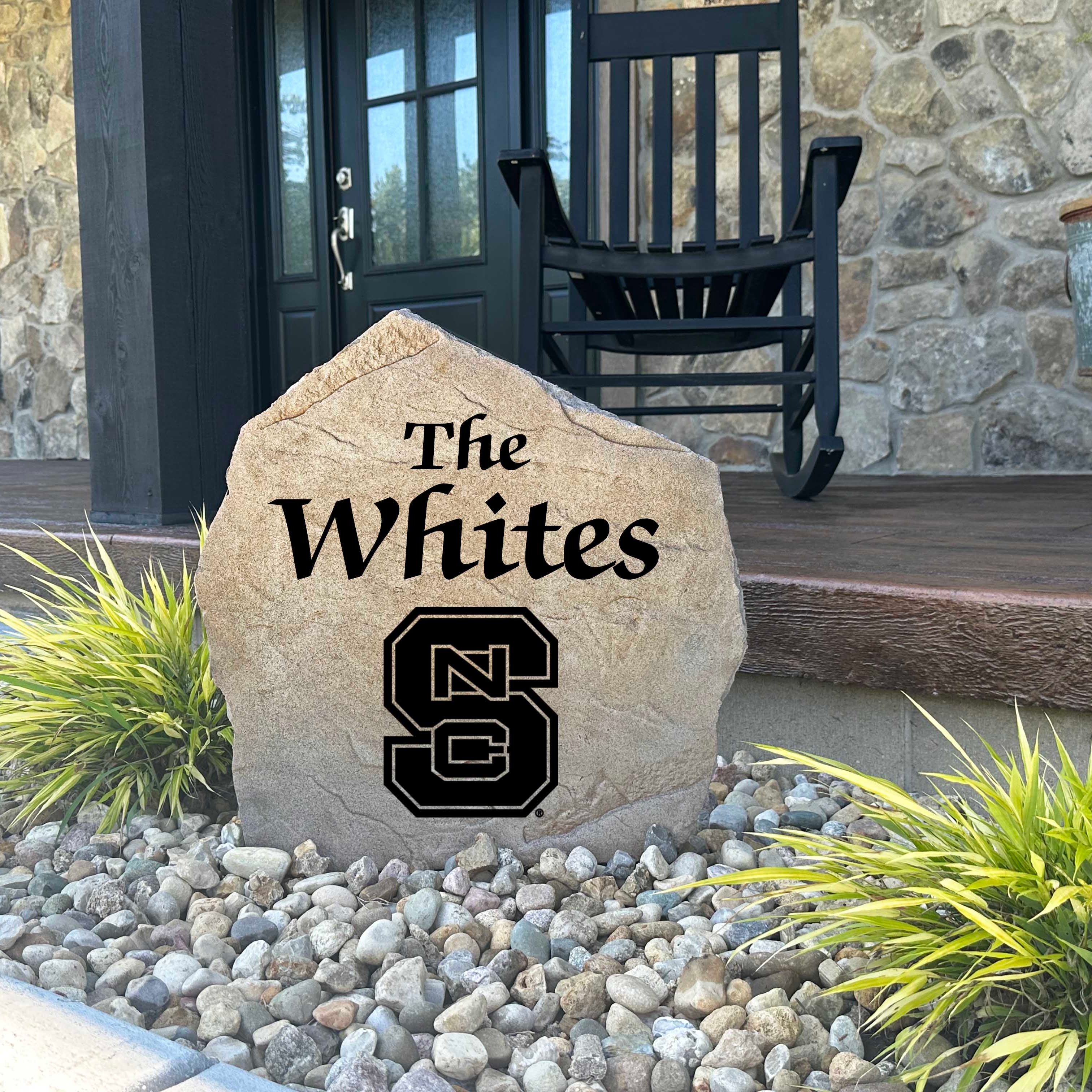 Decorative North Carolina State University family name stone designed for loyal Wolfpack fans, alumni, and graduates. This personalized outdoor stone enhances curb appeal while proudly displaying your school spirit in gardens, walkways, and outdoor living spaces.