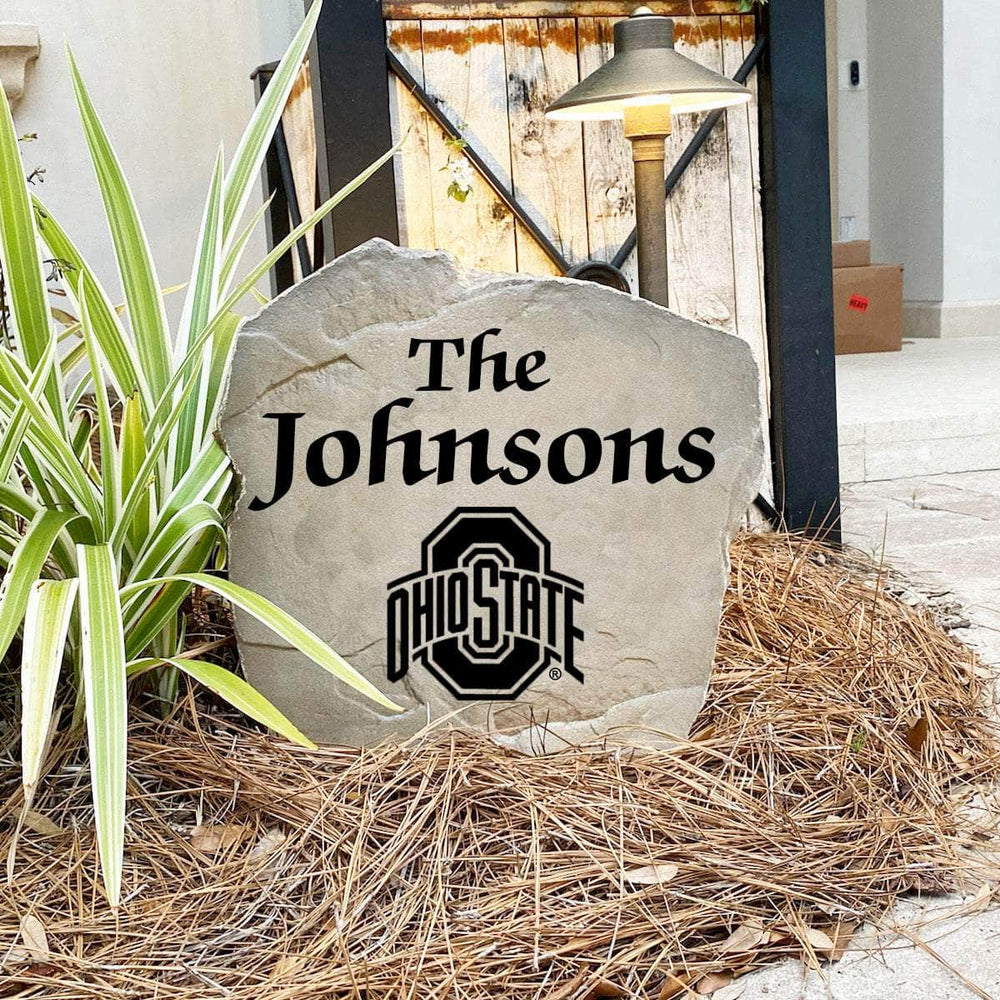 Engraved Ohio State University Name Stone with a custom family name and the Ohio State Buckeyes logo, bringing collegiate spirit and timeless style to front yard landscapes, walkways, and home entrances.