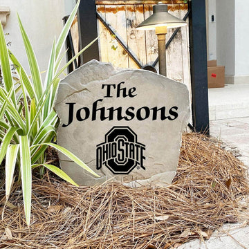 Engraved Ohio State University Name Stone with a custom family name and the Ohio State Buckeyes logo, bringing collegiate spirit and timeless style to front yard landscapes, walkways, and home entrances.