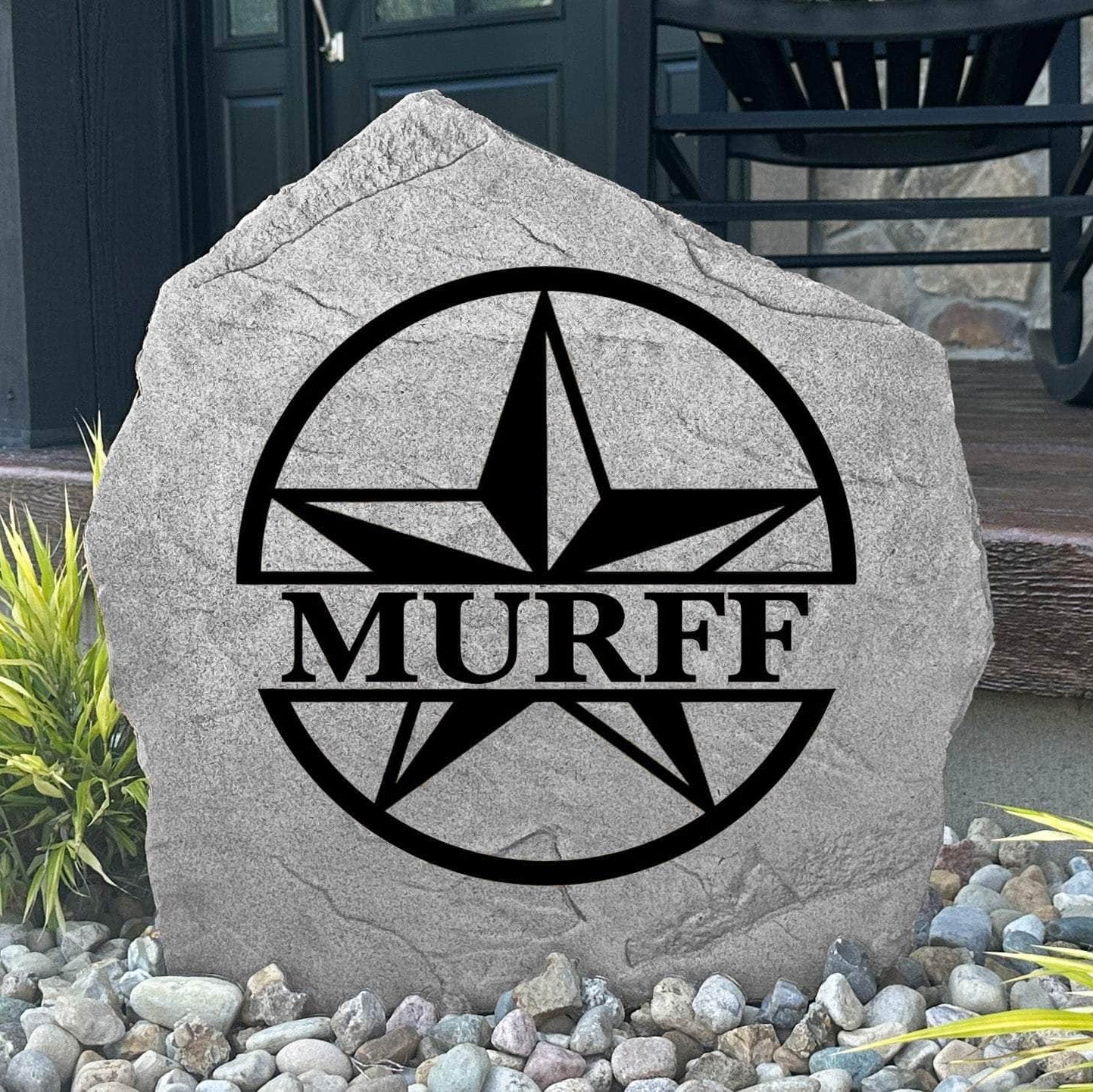 Custom star monogram garden plaque crafted from durable concrete, combining timeless personalization with striking outdoor style.