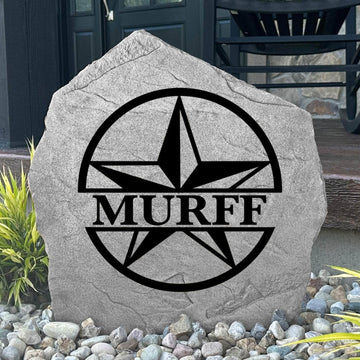 Custom star monogram garden plaque crafted from durable concrete, combining timeless personalization with striking outdoor style.