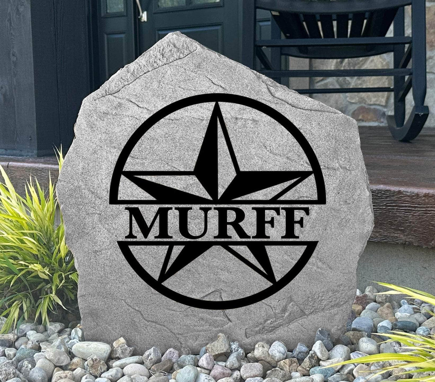 Rustic Texas-style star monogram rock decor for home entrance.