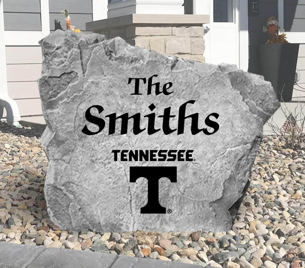 Custom Tennessee Volunteers Name Stone featuring the official university logo and your personalized family name. A beautiful landscape accent for gardens, patios, front entryways, and flower beds.