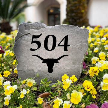 Premium Texas Longhorns address monument custom engraved for alumni and dedicated fans, adding functional beauty to any residential landscape.