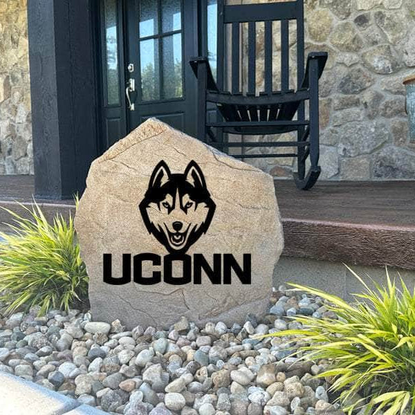 Weather-resistant UConn Huskies landscape stone displaying the official university logo, perfect for flower beds, walkways, front yards, and backyard spaces.