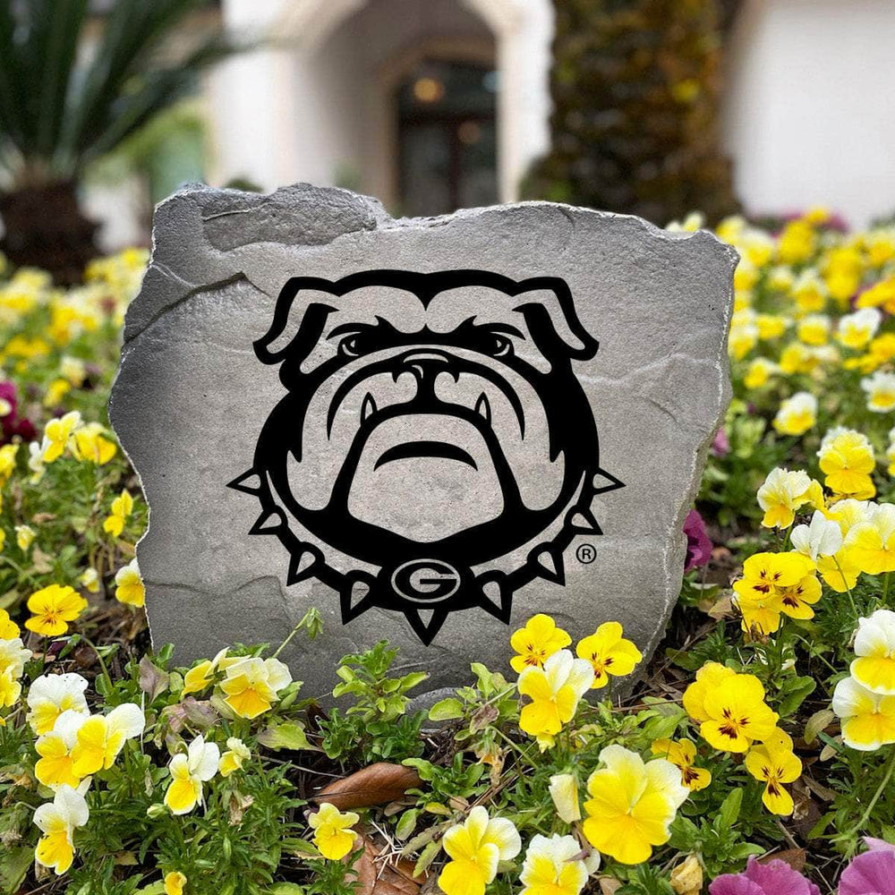 Officially licensed Georgia Bulldogs Mascot Stone handcrafted in the USA with detailed Bulldog engraving and weather-resistant durability. This decorative garden stone enhances outdoor spaces with lasting beauty and collegiate spirit.