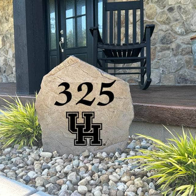 Decorative University of Houston Address Stone featuring personalized house numbers permanently engraved into the stone surface alongside the official Cougars logo. Perfect for driveways, gardens, and entryways, this address marker combines school pride with lasting durability.