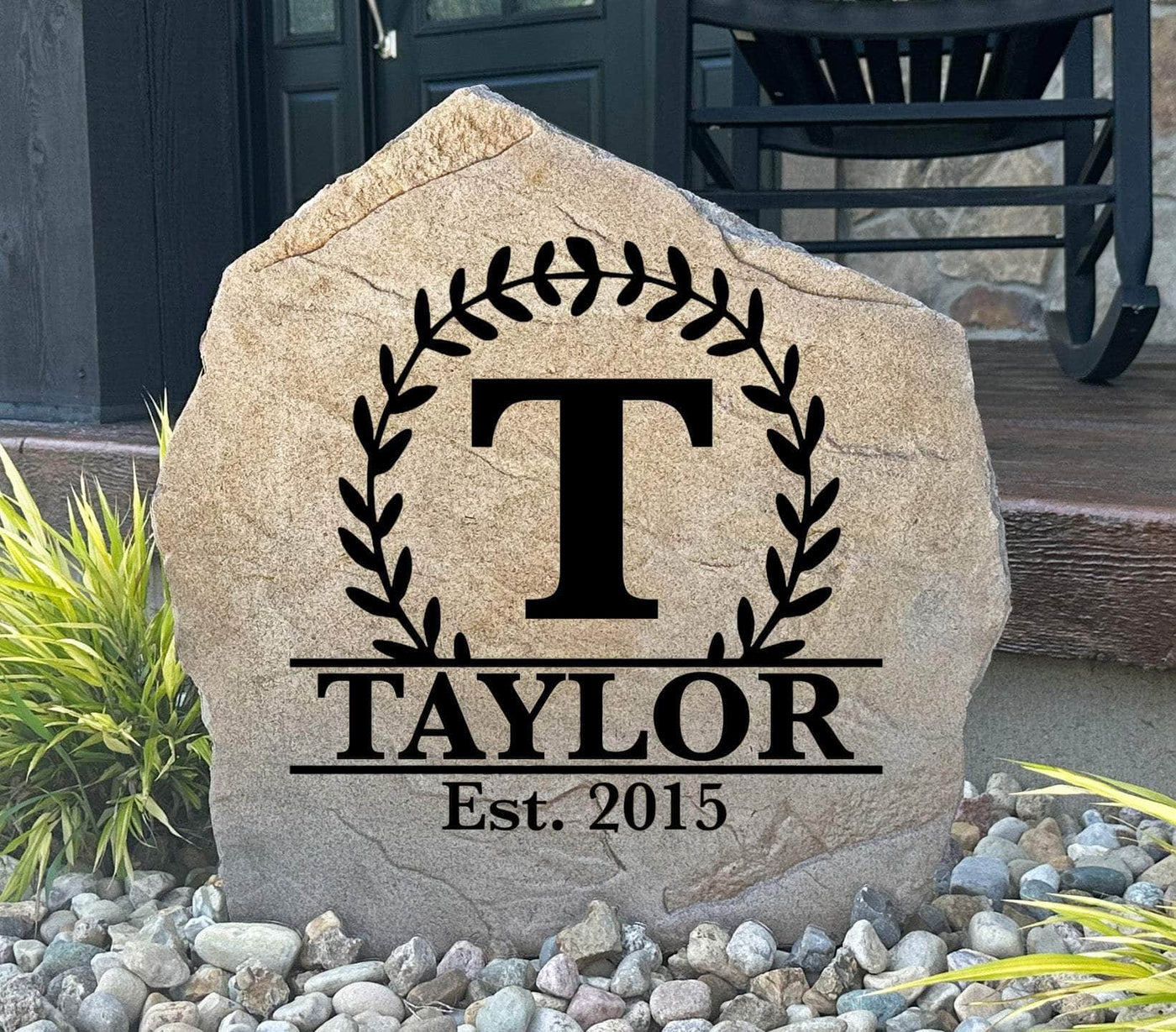 Personalized vine monogram rock with custom name and est. year engraving