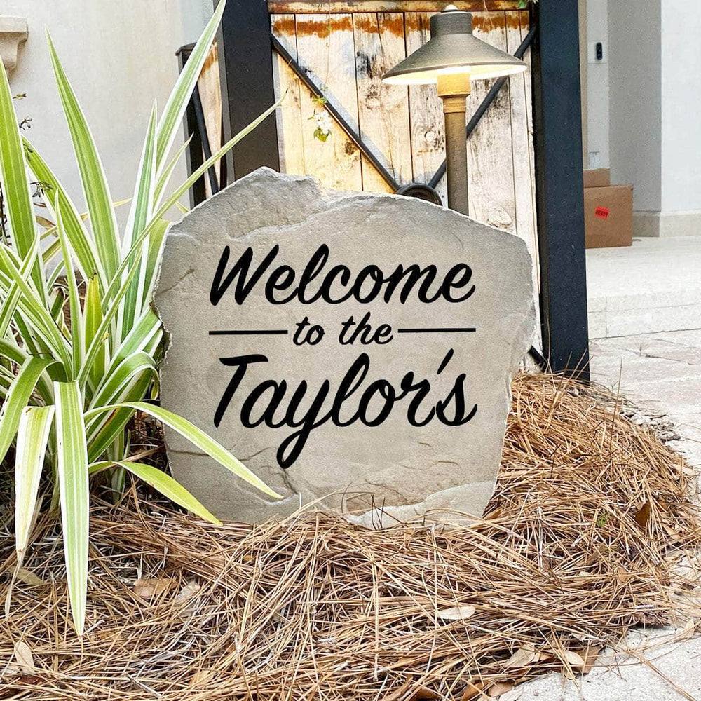 Decorative Welcome Name landscape stone featuring personalized engraving, perfect for enhancing curb appeal with a friendly first impression.