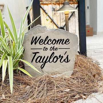Decorative Welcome Name landscape stone featuring personalized engraving, perfect for enhancing curb appeal with a friendly first impression.