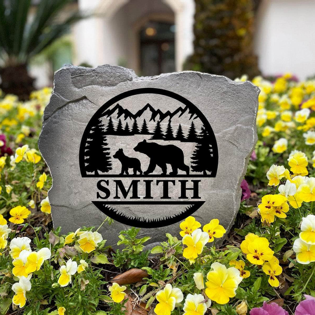 Personalized Bear Monogram Stone handcrafted in the USA with custom engraving and nature-inspired artwork. This decorative garden stone enhances landscape beds, walkways, and rustic home entrances with lasting beauty.