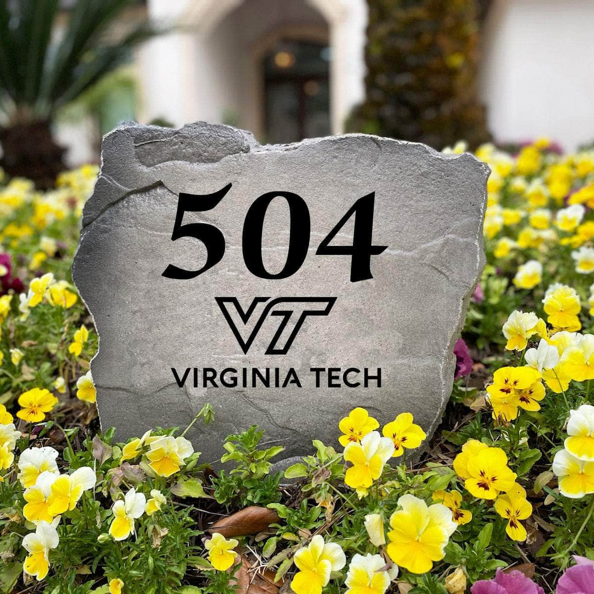 Personalized Virginia Tech outdoor address marker engraved into premium stone with authentic Hokies graphics. A unique landscaping feature and thoughtful gift for Virginia Tech fans, alumni, and new homeowners.