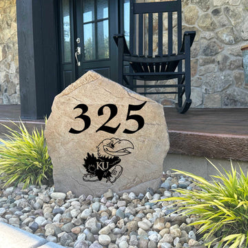 Decorative Kansas Jayhawks house number stone designed to make your address stand out while celebrating your favorite college team. Perfect for walkways, flower beds, patios, and front entrances.