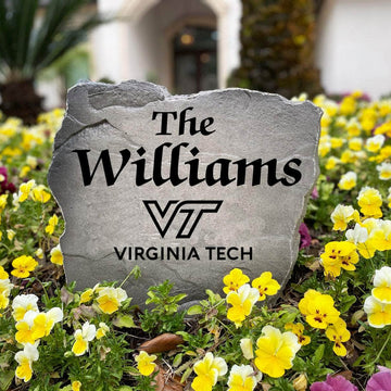 Personalized Virginia Tech Hokies outdoor name stone with custom family lettering permanently engraved into weather-resistant stone. A thoughtful gift for college football fans, alumni, weddings, housewarmings, and new homeowners.