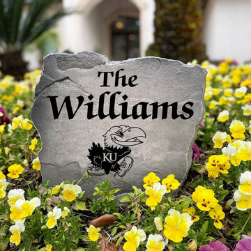 Personalized Kansas Jayhawks outdoor name stone with custom family lettering permanently engraved into weather-resistant stone. A thoughtful gift for college sports fans, alumni, weddings, housewarmings, and new homeowners.