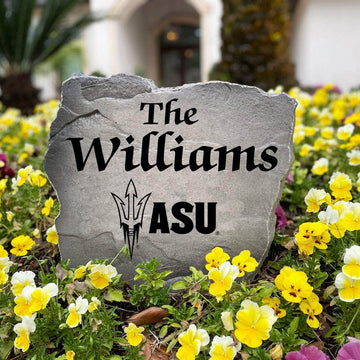 Personalized Arizona State Sun Devils outdoor name stone featuring custom family lettering permanently engraved into weather-resistant stone. A thoughtful gift for college football fans, alumni, weddings, housewarmings, and new homeowners.