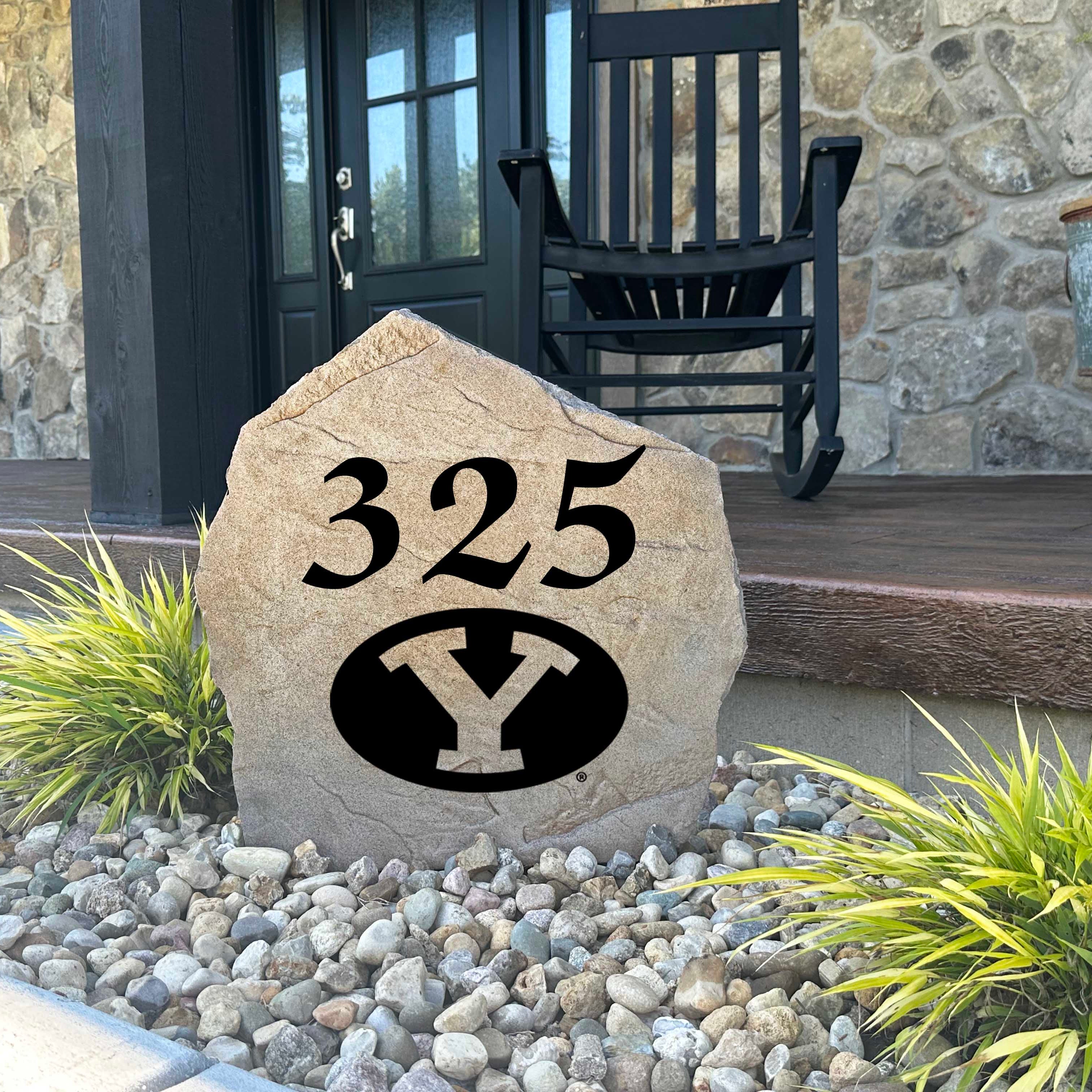 Weather-resistant BYU landscape address stone featuring precision-engraved street numbers, adding timeless collegiate style to any residential property.