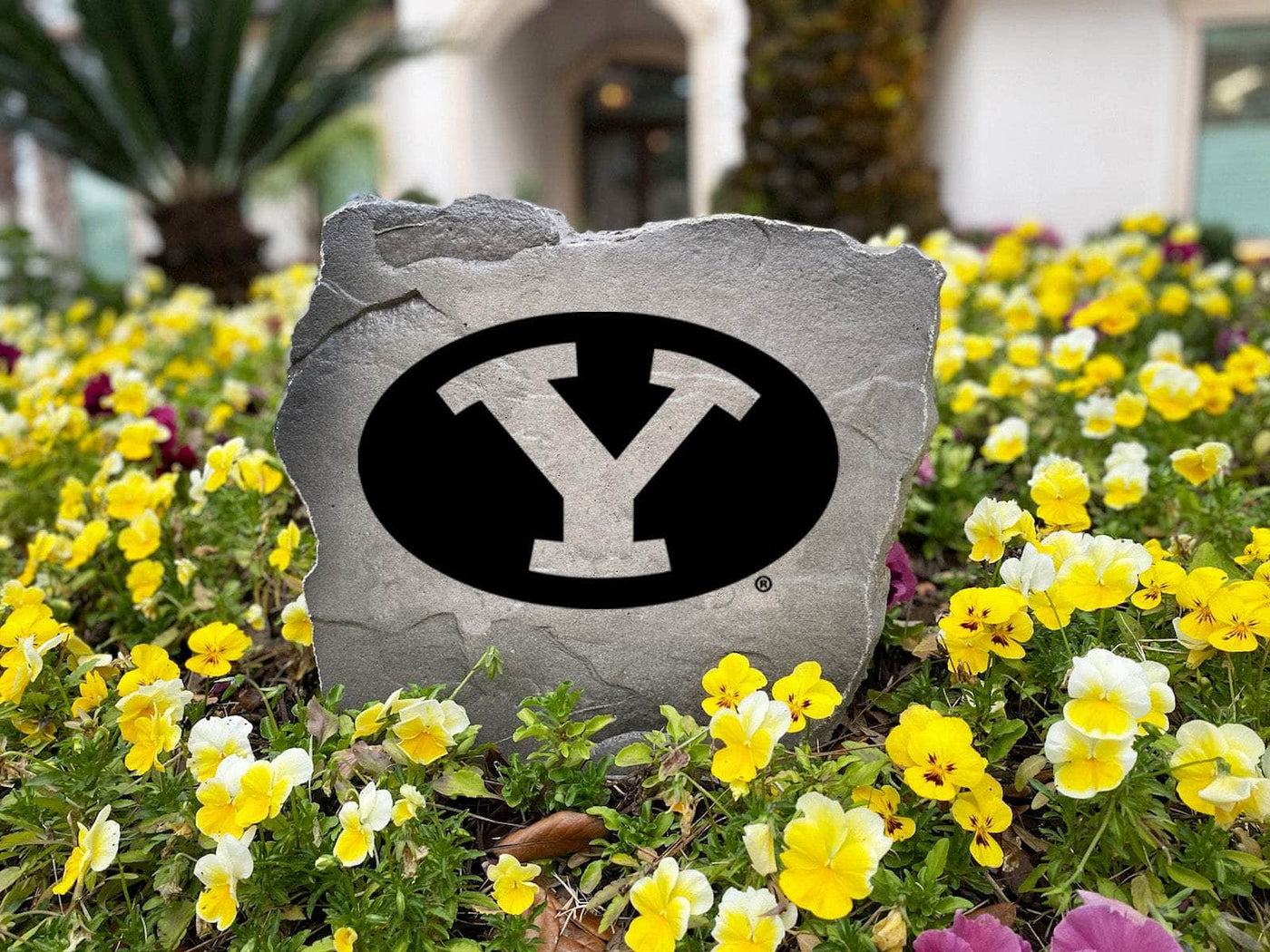 Decorative Brigham Young University logo stone for outdoor entryway