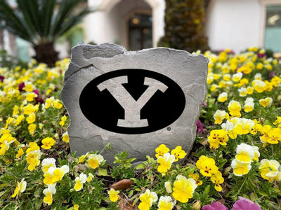 Decorative Brigham Young University logo stone for outdoor entryway