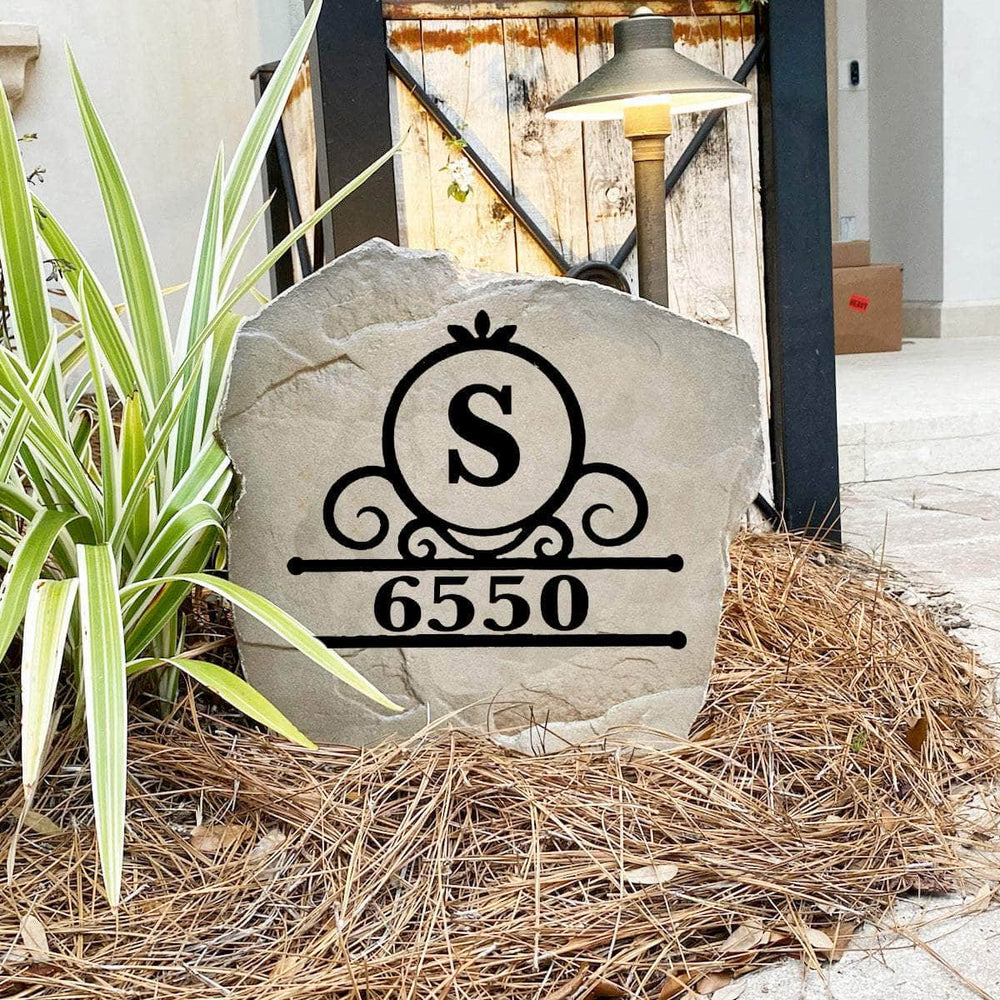 Decorative Fancy Monogram landscape address marker showcasing graceful scrollwork, personalized street numbers, and a refined outdoor design.