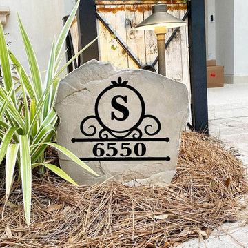 Decorative Fancy Monogram landscape address marker showcasing graceful scrollwork, personalized street numbers, and a refined outdoor design.