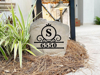 Stylish fancy monogram address stone marker for porch or yard décor