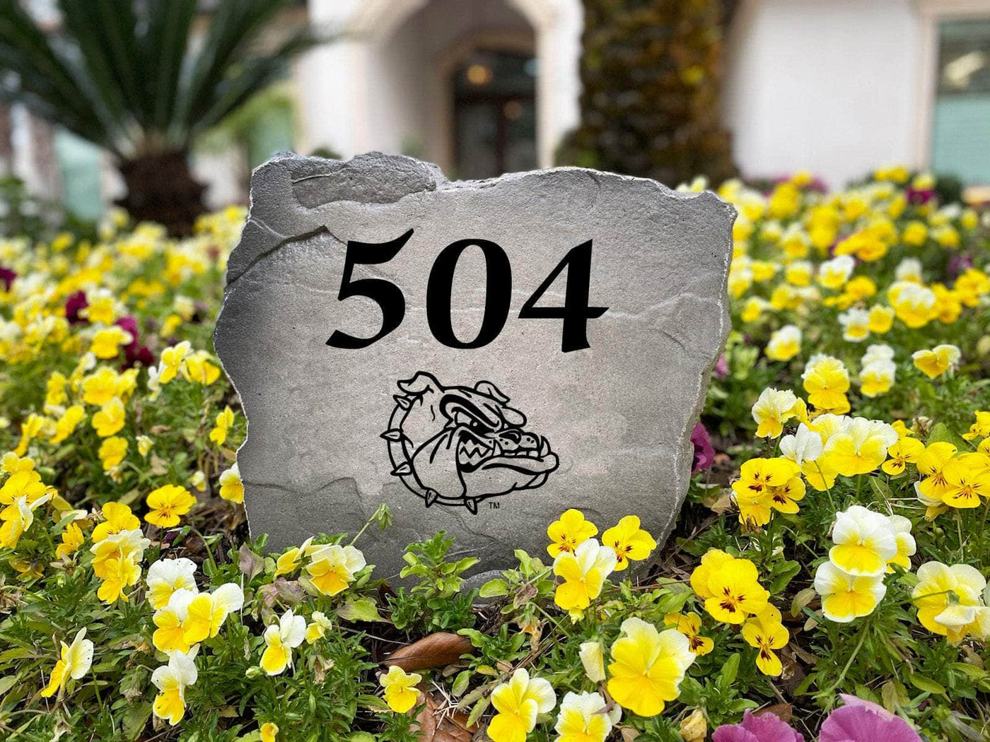 Outdoor decorative stone with Gonzaga Bulldogs address engraving
