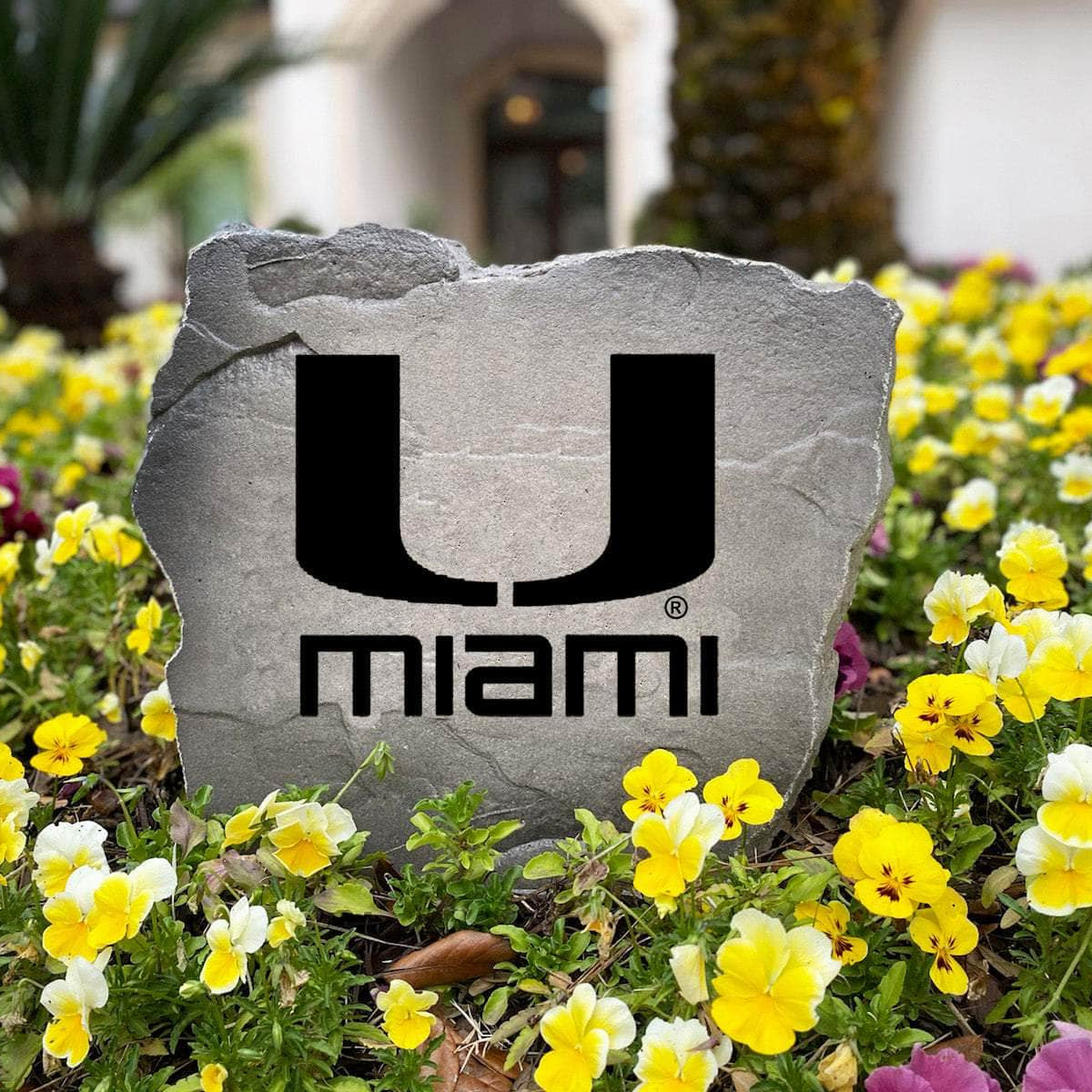 Officially licensed Miami Hurricanes Logo Stone handcrafted in the USA with detailed team engraving and weather-resistant durability. This decorative garden stone enhances outdoor spaces with lasting beauty and collegiate spirit.