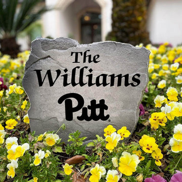 Personalized Pittsburgh Panthers outdoor name stone featuring custom family lettering permanently engraved into weather-resistant stone. A thoughtful gift for college football fans, alumni, weddings, housewarmings, and new homeowners.