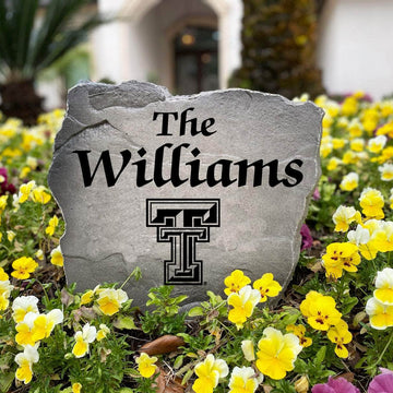 Personalized Texas Tech Red Raiders outdoor name stone featuring custom family lettering permanently engraved into weather-resistant stone. A thoughtful gift for college football fans, alumni, weddings, housewarmings, and new homeowners.