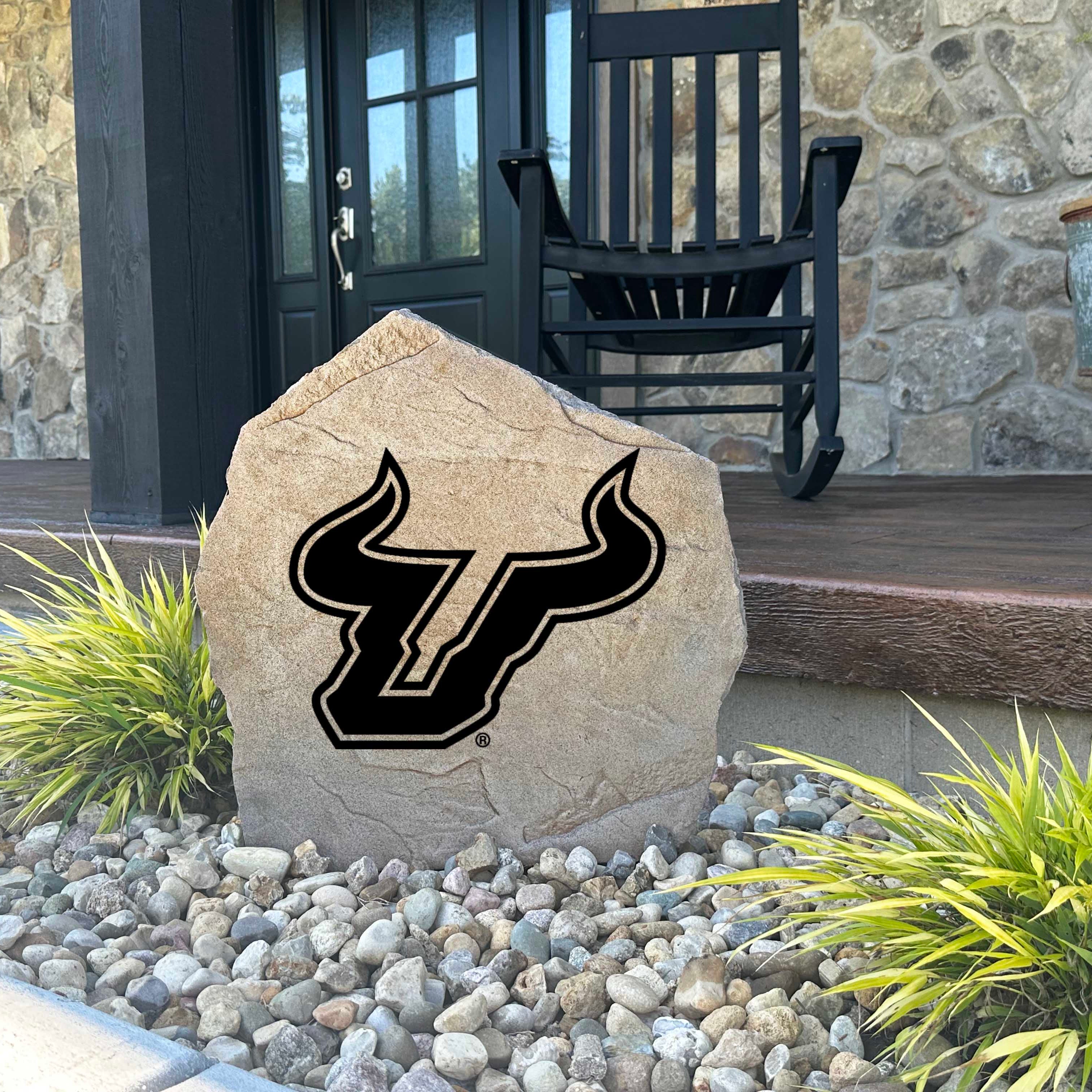 Decorative South Florida Bulls garden stone featuring the official university logo permanently engraved into durable stone. An eye-catching addition to patios, fan spaces, outdoor kitchens, and landscape borders.