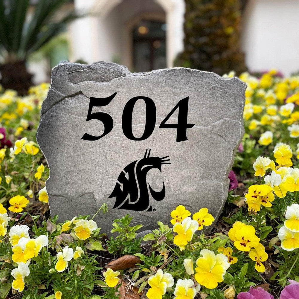 Personalized Washington State University outdoor address marker engraved into premium stone with authentic Cougars graphics. A unique landscaping feature and thoughtful gift for Washington State fans, alumni, and new homeowners.