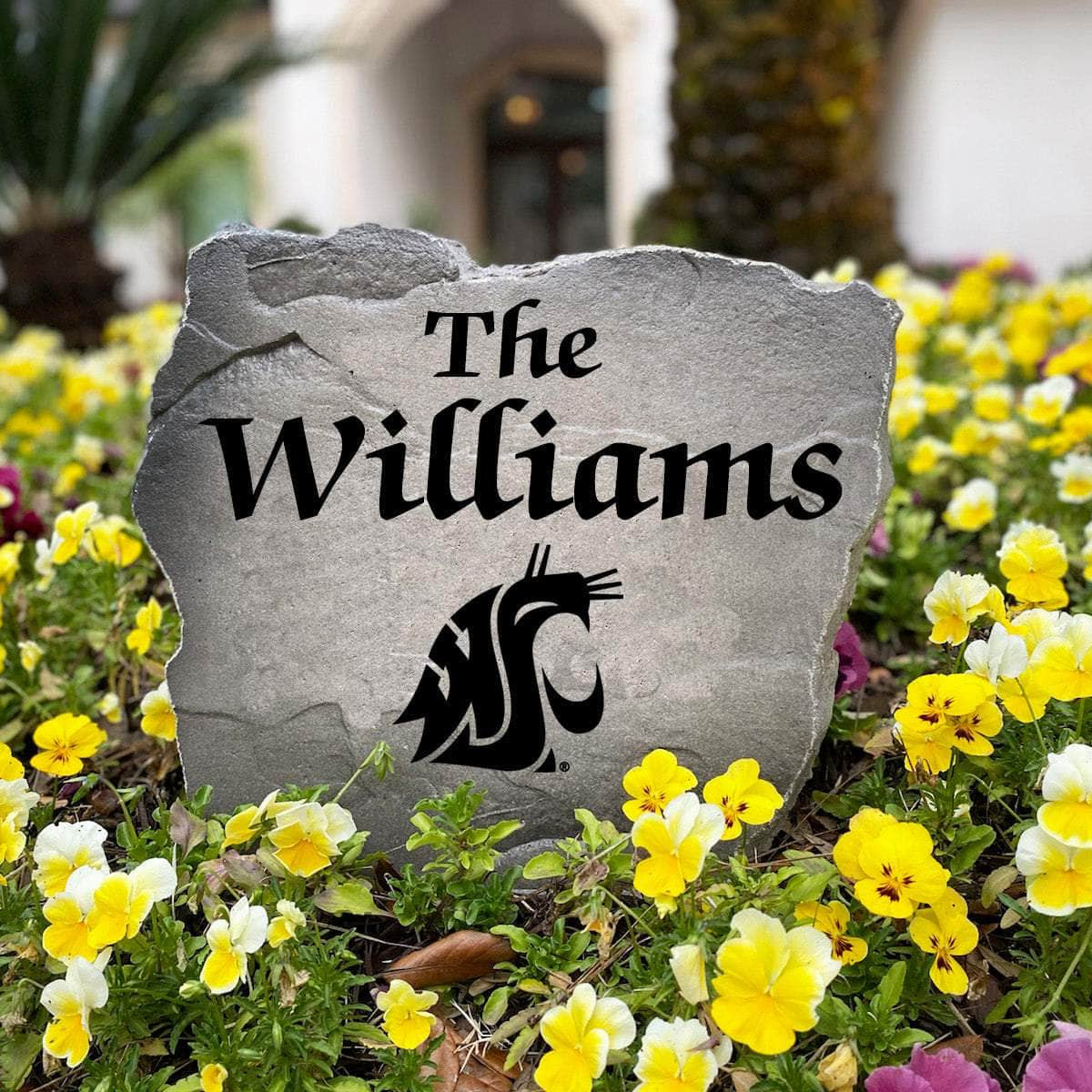 Personalized Washington State Cougars outdoor name stone featuring custom family lettering permanently engraved into weather-resistant stone. A thoughtful gift for college football fans, alumni, weddings, housewarmings, and new homeowners.
