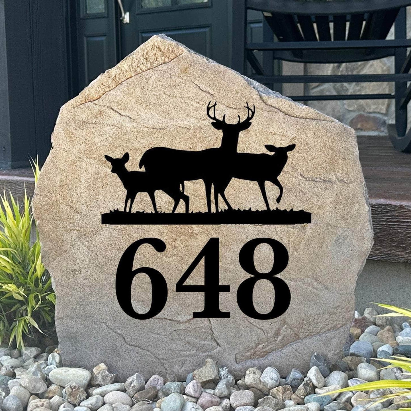 Personalized Deer Address Stone engraved with custom house numbers, bringing rustic woodland beauty to cabins, country homes, and forest retreats.