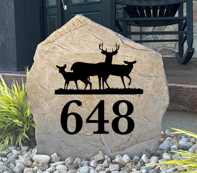 Personalized deer address stone engraved with house numbers for yard display