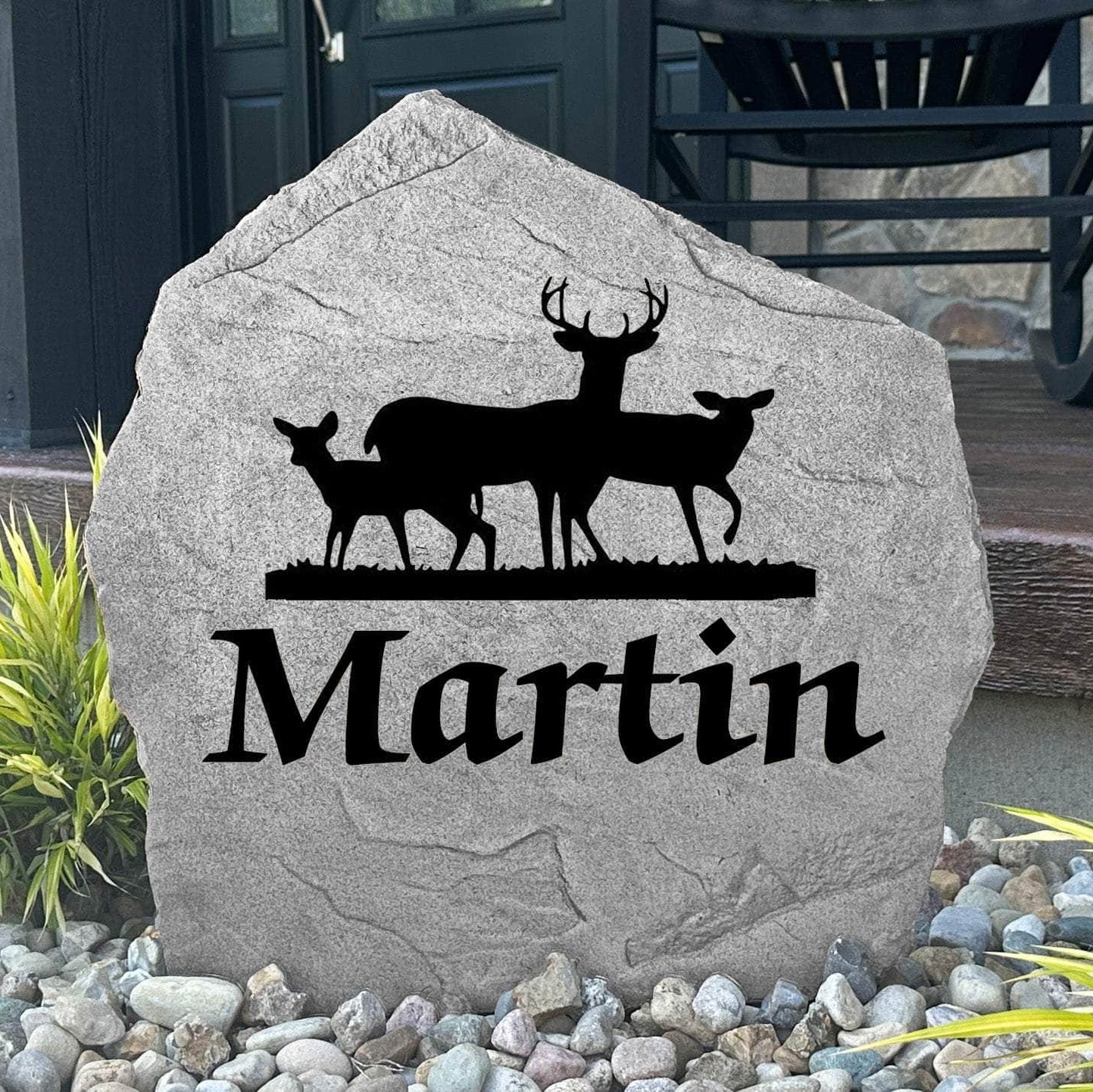 Personalized Deer Name Stone engraved with your family name, bringing rustic woodland charm to cabins, lodges, and beautifully landscaped yards.