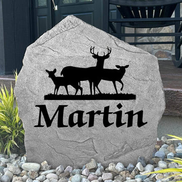 Personalized Deer Name Stone engraved with your family name, bringing rustic woodland charm to cabins, lodges, and beautifully landscaped yards.