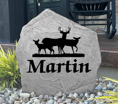 Personalized deer name stone engraved with family name for outdoor décor