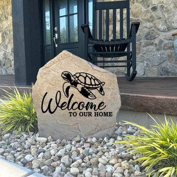 Decorative Welcome Sea Turtle Stone with graceful sea turtle details permanently engraved into the stone surface. Perfect for beach houses, coastal gardens, and outdoor living spaces, this garden stone creates an inviting atmosphere.