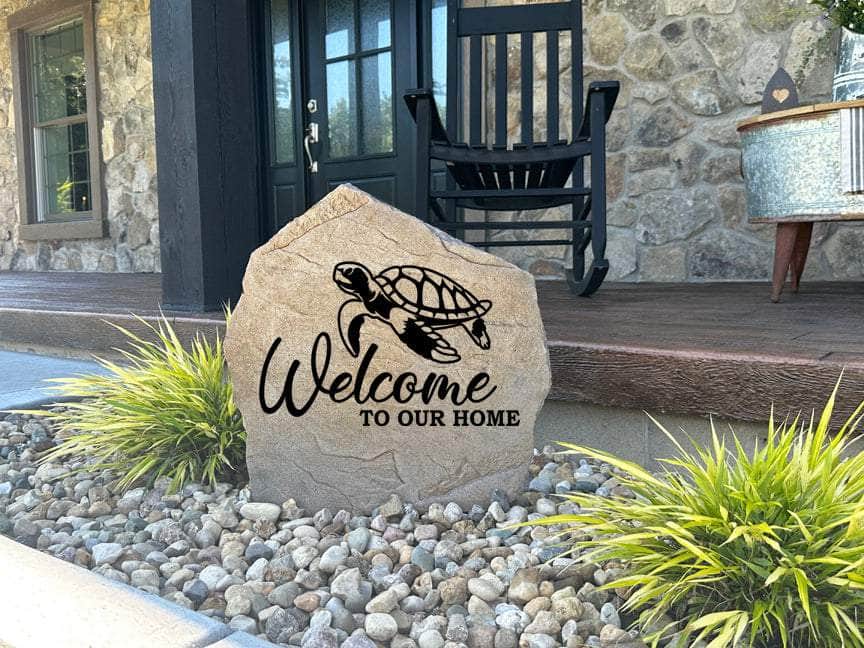 Handcrafted sea turtle welcome stone to add charm to your garden or porch.