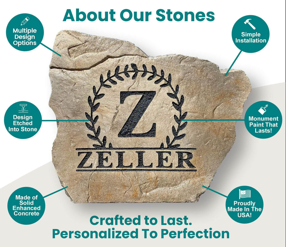 Custom rock with personalized designs for landscaping and garden.