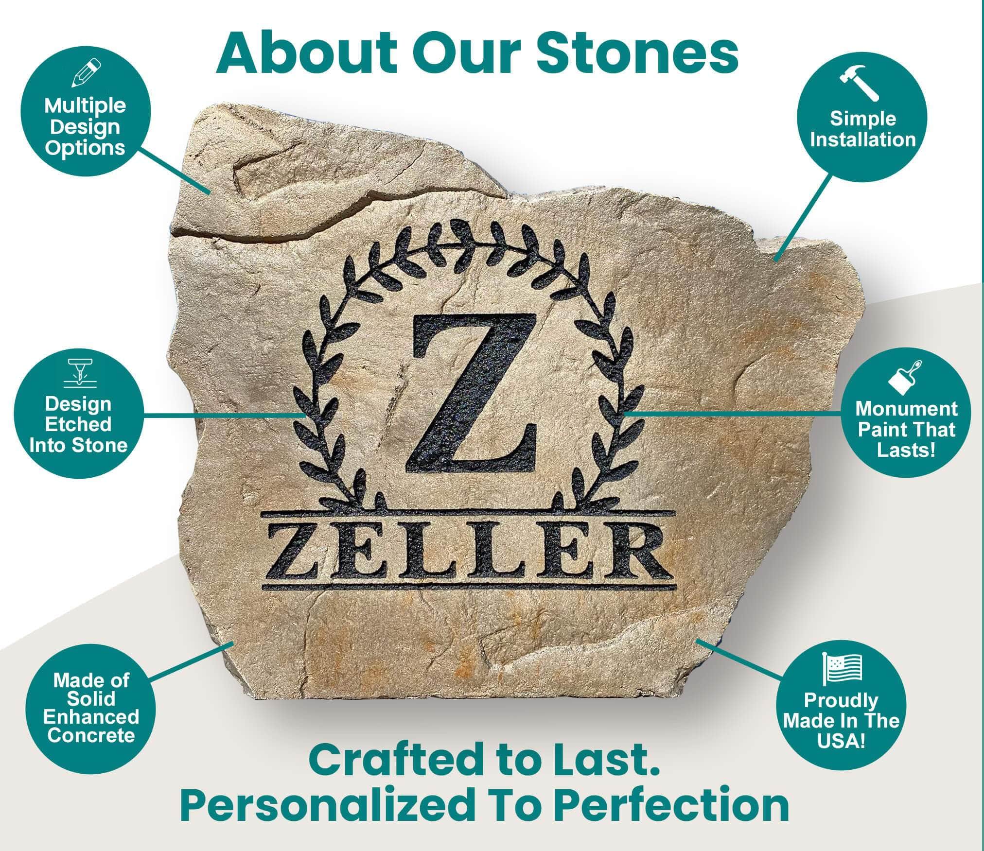Custom rock with personalized designs for landscaping and garden.