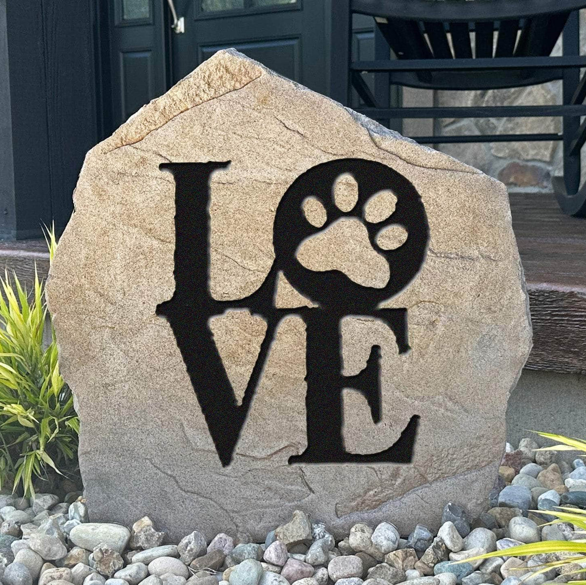 Dog Love engraved stone celebrating the unconditional bond between dogs and their owners with a charming addition to gardens and outdoor spaces.