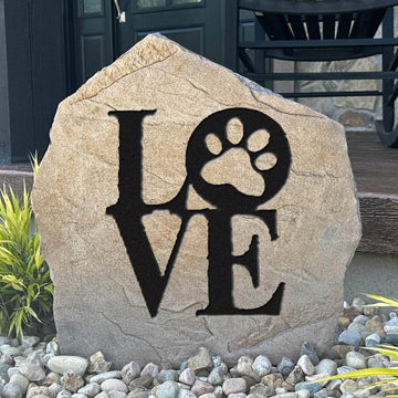 Dog Love engraved stone celebrating the unconditional bond between dogs and their owners with a charming addition to gardens and outdoor spaces.