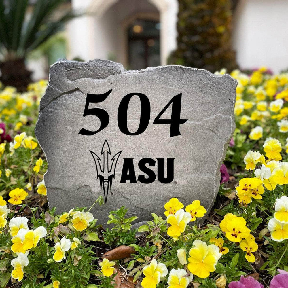 Personalized Arizona State University outdoor address marker engraved into premium stone with authentic Sun Devils graphics. A unique landscaping feature and thoughtful gift for ASU fans, alumni, and new homeowners.